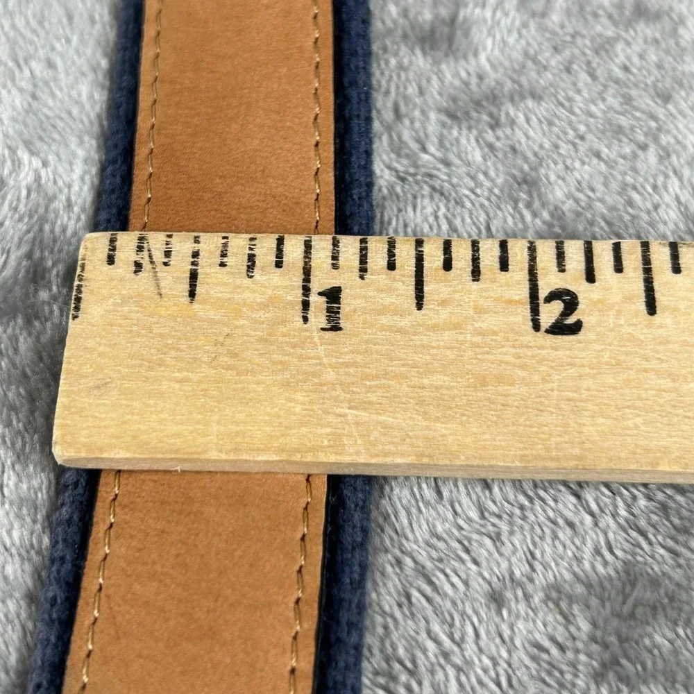 West Marine Mens Sailboat Embroidered Leather Canvas Belt Navy Tan Size 44 Brass